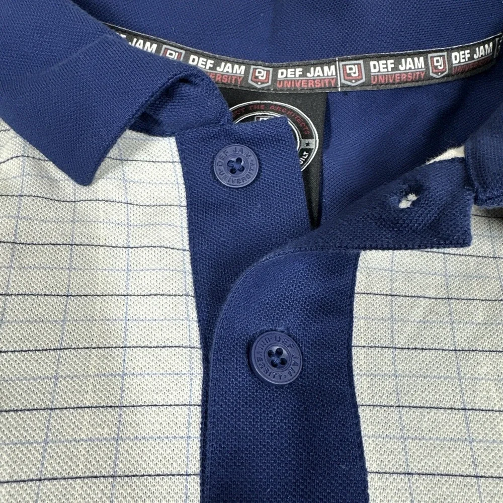 Vintage‎ Y2K Def Jam University Men's Check Polo Shirt Large Collared Blue